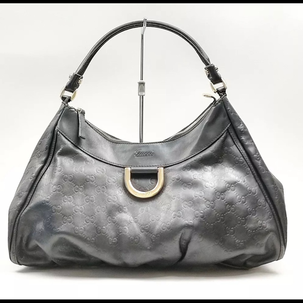 GUCCI 🌼Black Guccissima Leather Abbey Bag Silver Tone Hardware D-Ring Hobo